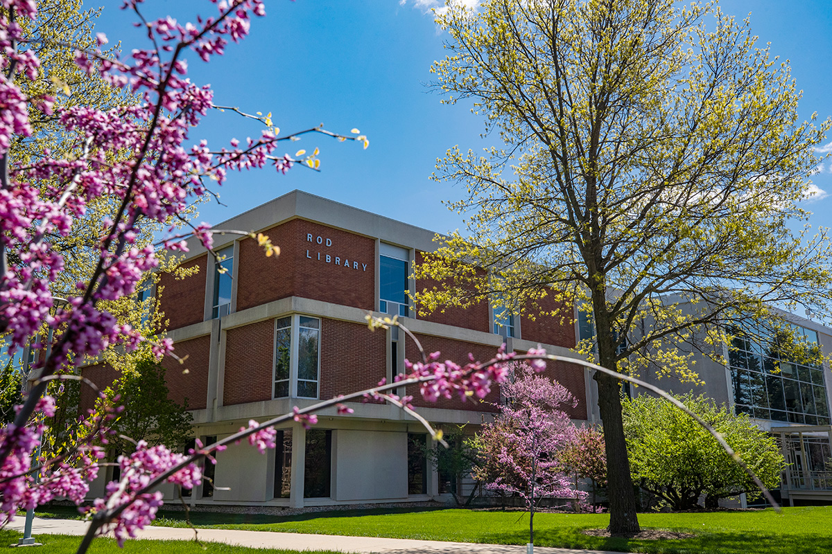 Rod Library building surrounded by blooming trees on a sunny spring day.