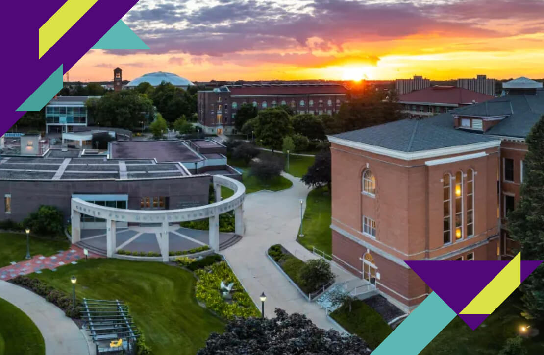 Overhead view of the campus at sunset