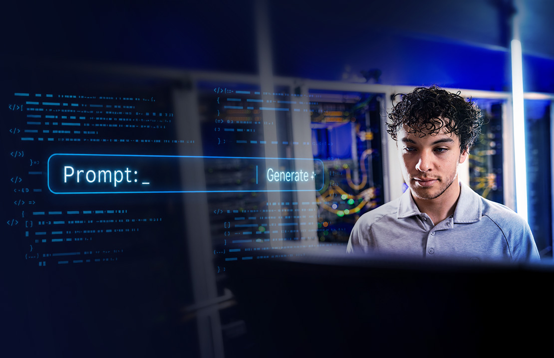 A person works at a computer in a server room with a digital AI prompt interface and lines of code overlaid on the image.