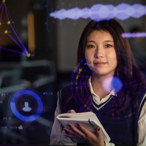 International business student analyzing data for STEM research project